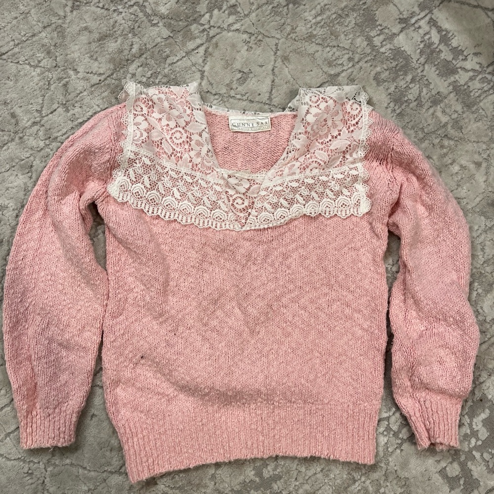 Gunne Sax Pink V-Neck Sweater with Lace